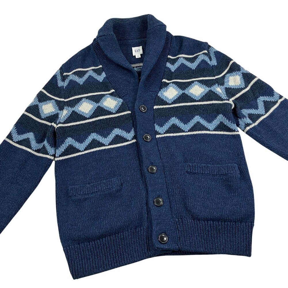 GAP Shawl Cardigan Sweater Mens Size M Southwestern Cotton Blend Blue Heavy Knit
